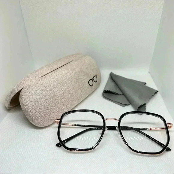 Rose Gold and Black Frame Blue Light Blocking Optical Glasses with Hard Case - Picture 1 of 4